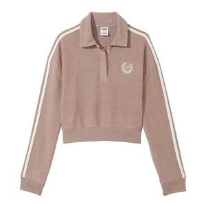 Victorias Secret PINK Fleece Varsity Cropped Sweatshirt Sz M Brown Sherpa Henley